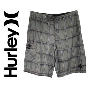 Vintage Y2K Hurley Sz M Gray Windowpane Plaid Board Shorts Swim Surf Skater